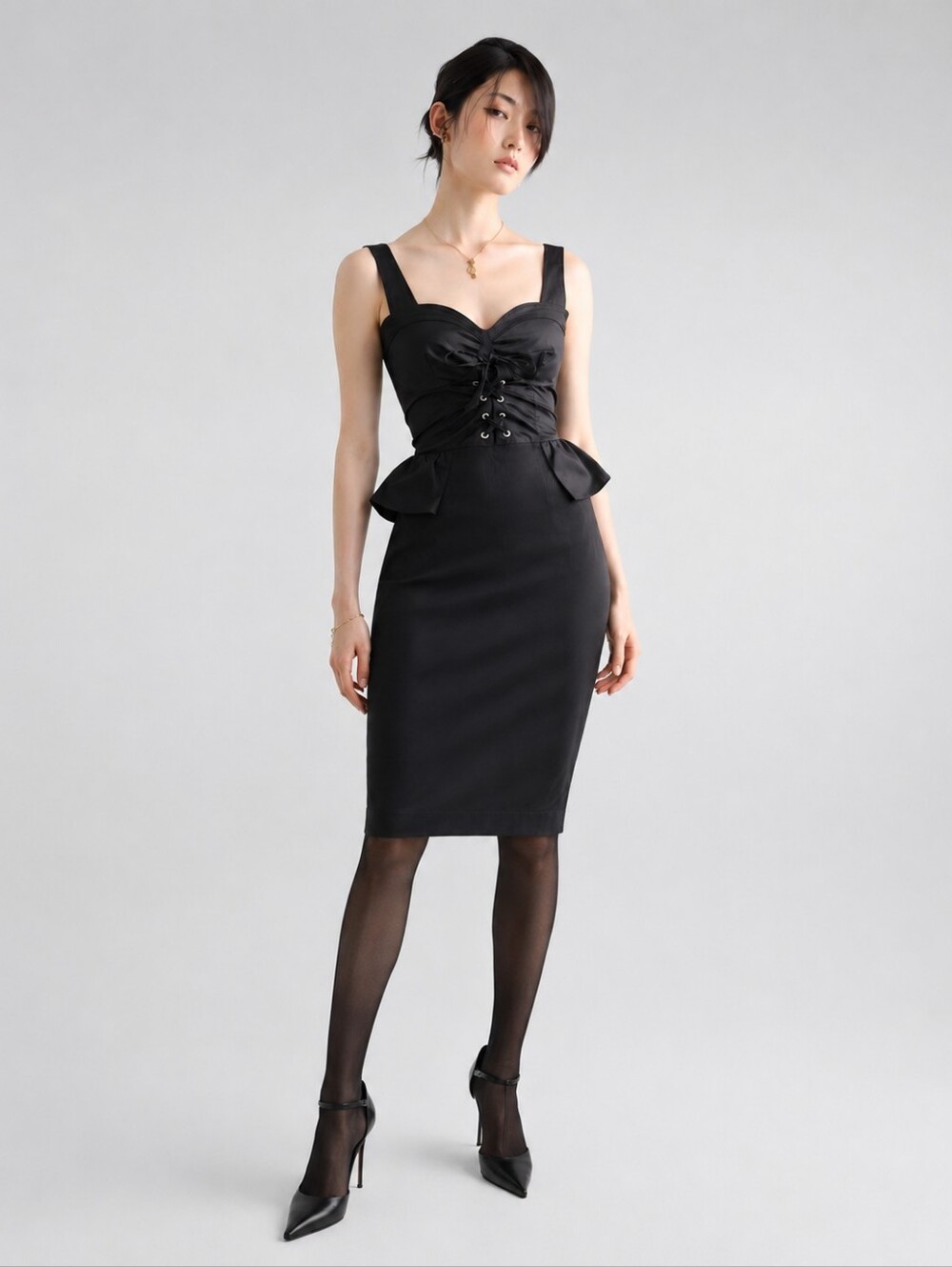 Cappopera Italain Black Peplum Corset Wiggle Dress 44 IT / 8 US